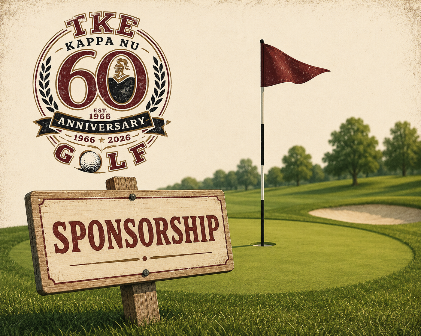 Vintage sponsorship sign beside a green with a crimson flag and the Kappa Nu 60th anniversary golf emblem